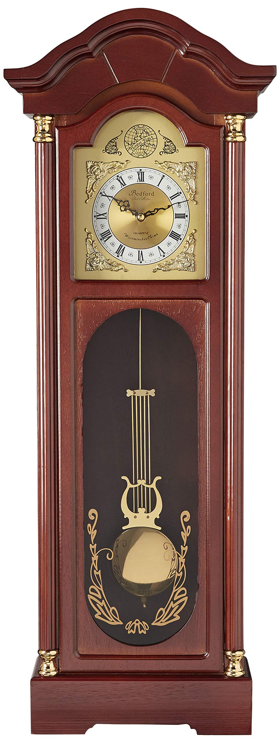 Bedford Clock Collection Antique Cherry Oak Finish Chiming Wall Clock with Roman Numerals, 33.25" L Bedford Clock Collection