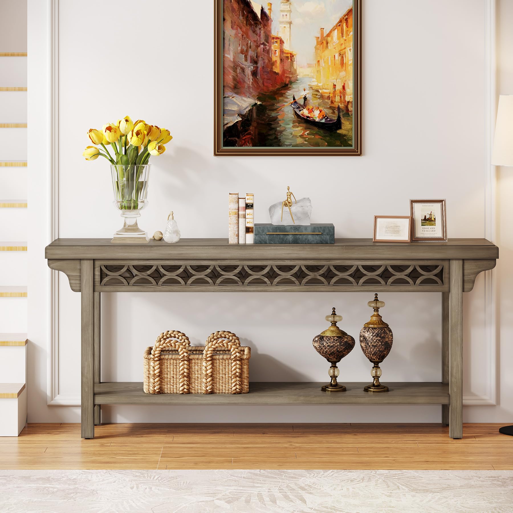 Tribesigns 70.8-Inch Solid Wood Long Console Table, Farmhouse Entryway Table with Storage, Narrow Sofa Table Grey Couch Table for Living Room Entryway Hallway (Gray) - WoodArtSupply