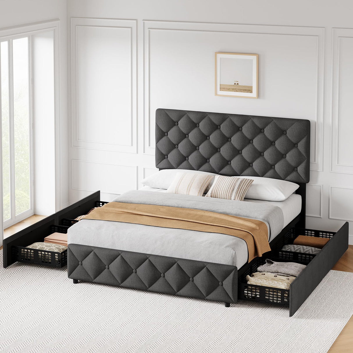 GAOMON Queen Size Bed Frame with 4 Storage Drawers and Headboard, Linen Upholstered Platform Bed Frame, Diamond Stitched Button Tufted, No Box Spring Needed, Dark Grey GAOMON