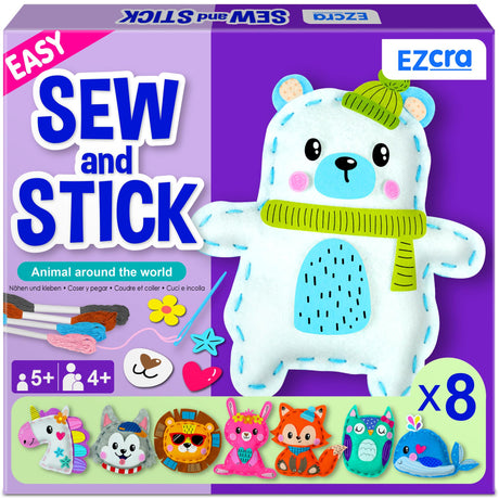 EZCRA Sewing Kit for Kids - 8-in-1 Kids Sewing Kit - Easy to Do Craft Kits for Ages 4-8 - Sewing Crafts - Extra Felt Stickers for Decoration - No Mess with Full Instructions EZCRA