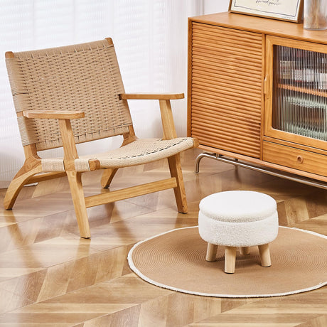 Wimarsbon Storage Ottoman, Modern Round Footrest with Soft Padded Seat, Teddy Velvet Footstool with Wood Legs, Accent Small Table or Plant Stand for Hallway, Living Room (Cream) Wimarsbon
