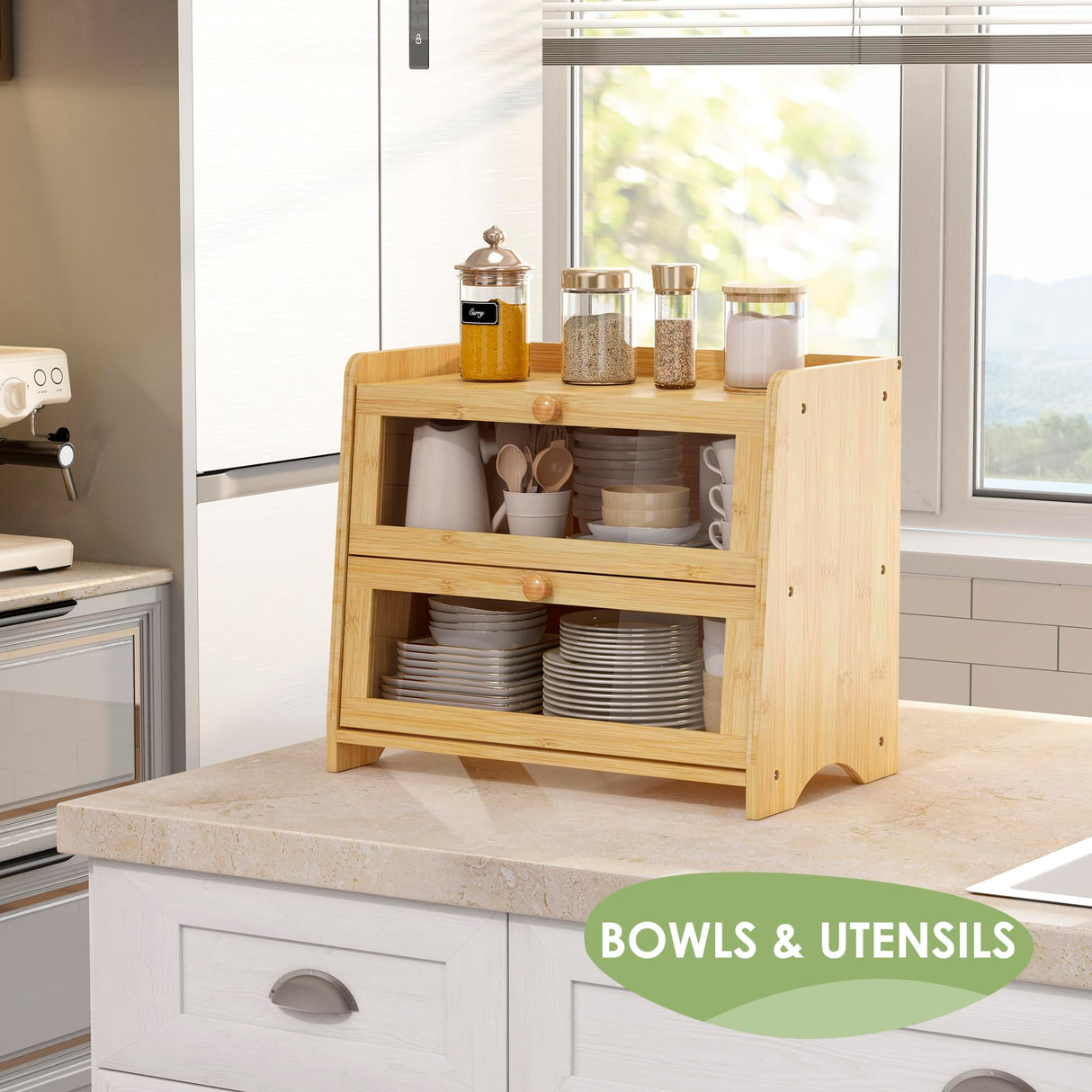 JANSNIMEN Double Layer Bread Box for Kitchen Countertop, Large Breadbox Bread with Windows, Wooden Farmhouse Bread Holder (Natural Bamboo) JANSNIMEN