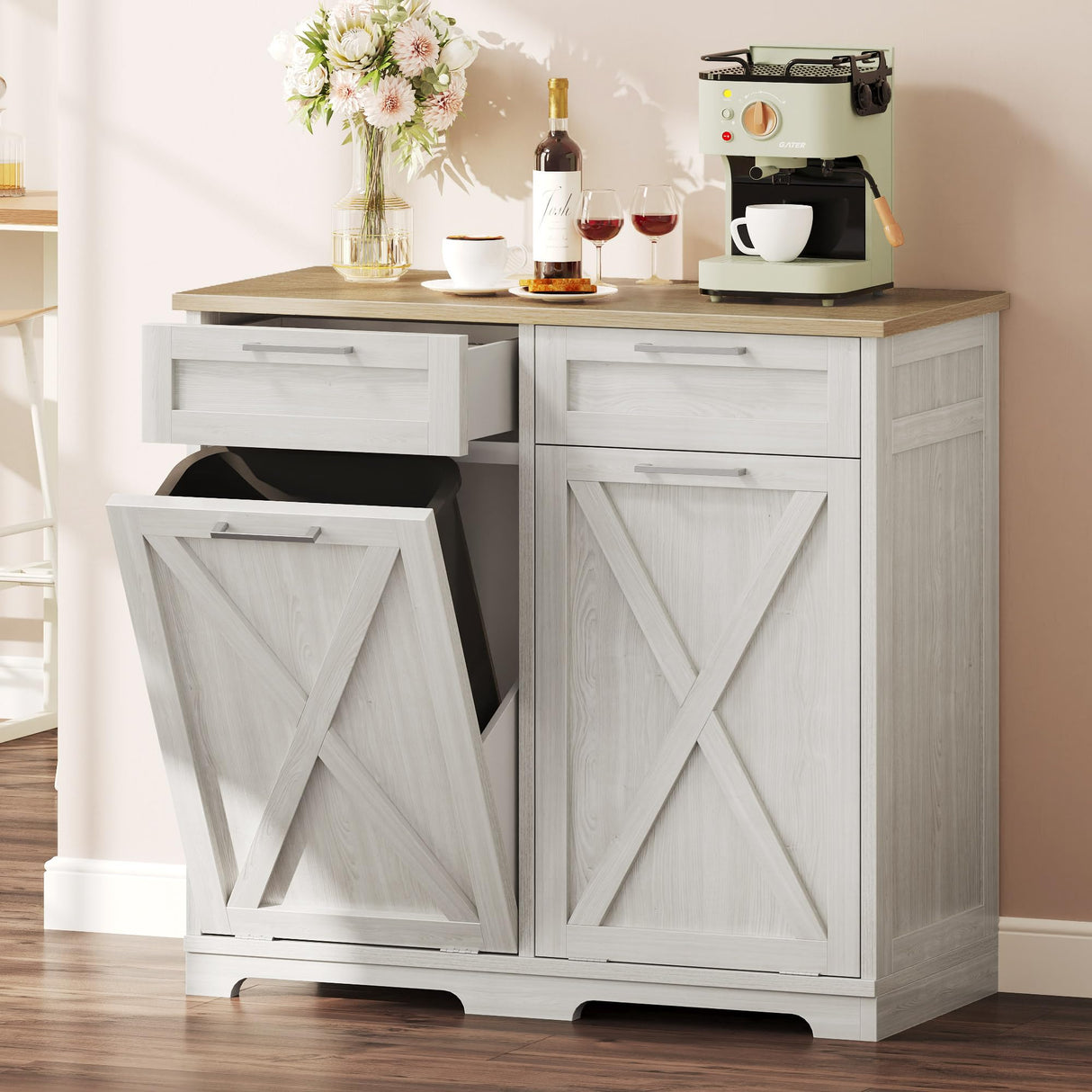 YITAHOME Double Tilt Out Trash Cabinet 20 Gallon, Wooden Free Standing Laundry Cabinet with Barn Doors, Kitchen Trash Recycling Cabinet with 2 Drawer, Tilt-Out Hamper for Kitchen, Off White YITAHOME