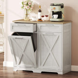 YITAHOME Double Tilt Out Trash Cabinet 20 Gallon, Wooden Free Standing Laundry Cabinet with Barn Doors, Kitchen Trash Recycling Cabinet with 2 Drawer, Tilt-Out Hamper for Kitchen, Off White YITAHOME
