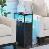 TUTOTAK Narrow End Table with Charging Station, Side Table with Plugins, Tall LED NightStand with 3 Fabric Drawer, Small Bedside Table with Storage, Set of 2, for Living Room, Black TB01BK073L TUTOTAK