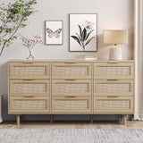 Angel Sar 59'' Boho 9 Drawer Dresser for Bedroom, Modern Rattan Dresser with Golden Handles, Sturdy Wood Legs & Anti-Tipping Design, Wood Closet Organizer Storage Cabinet with 9 Drawers Angel Sar