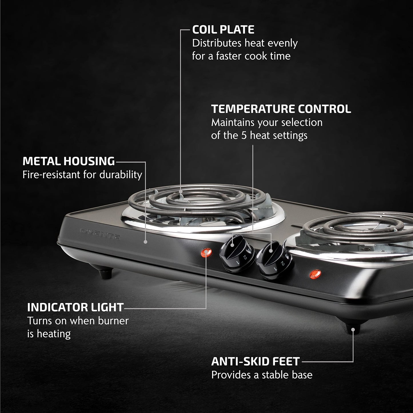 OVENTE Electric Countertop Double Burner, 1700W Cooktop with 6" and 5.75" Stainless Steel Coil Hot Plates, 5 Level Temperature Control, Indicator Lights and Easy to Clean Cooking Stove, Black BGC102B