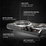 OVENTE Electric Countertop Double Burner, 1700W Cooktop with 6" and 5.75" Stainless Steel Coil Hot Plates, 5 Level Temperature Control, Indicator Lights and Easy to Clean Cooking Stove, Black BGC102B OVENTE