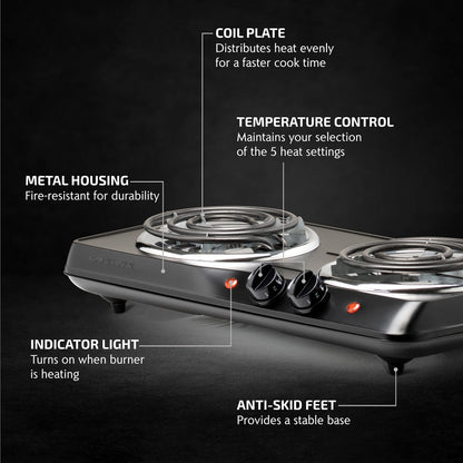 OVENTE Electric Countertop Double Burner, 1700W Cooktop with 6" and 5.75" Stainless Steel Coil Hot Plates, 5 Level Temperature Control, Indicator Lights and Easy to Clean Cooking Stove, Black BGC102B