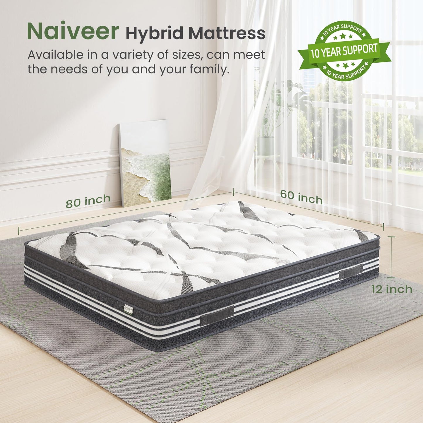 Naiveer Queen Mattress 12 Inch, Memory Foam Mattress with Innerspring, Queen Size Mattress in A Box, Hybrid Mattress Queen CertiPUR-US Certified, Medium Firm Mattress for Back Pain & Overweight