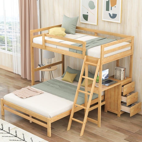 Twin Over Full Solid Wood Bunk Bed with Built-In Desk and Storage Drawers, Natural Finish Bellemave