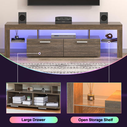 Clikuutory Modern LED TV Stand with Large Storage Drawer for 40 50 55 60 65 70 75 Inch TVs, Brown Wood Farmhouse TV Console with Glossy Entertainment Center for Living Room, Bedroom