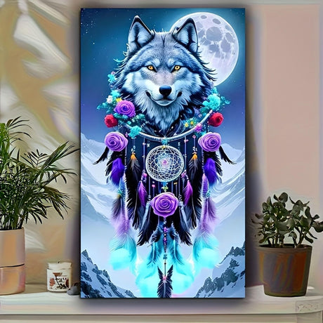 KUFWKEY Dreamcatcher Diamond Art,Wolf Diamond Art Kits for Adults, Full Round Drill Diamond Painting Kits,Animal Diamond Mosaic Art for Adults,Home Decor,Large Size,16x28 inch KUFWKEY