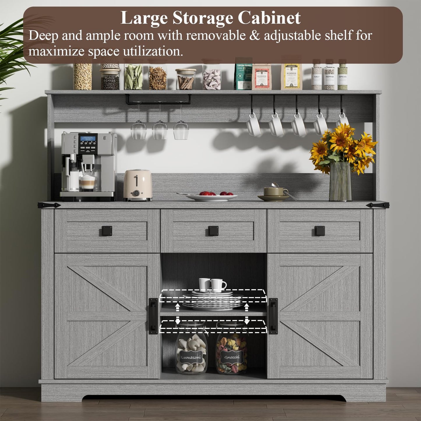 Gyfimoie Farmhouse Bar Cabinet with Hutch, Kitchen Buffet Cabinet with Storage Cabinet & 3 Sliding Drawers, Adjustable Shelf, Goblet Holder, Cup Hooks for Living Room, Dining Room Use (Grey)