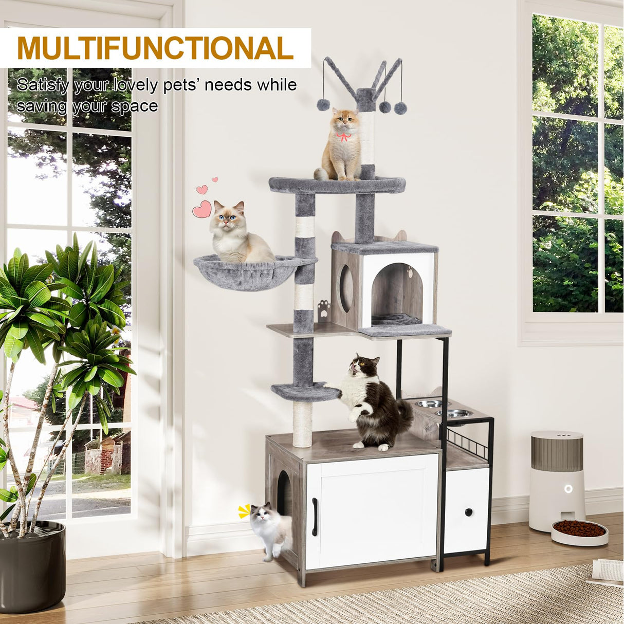 Snughome Cat Tree with Litter Box Enclosure, 3-in-1 Modern Cat Tower for Indoor Cats, 67.32’’ Hidden Cat Litter Box Furniture with Cat Condo, Food Station and Hammocks, All-in-one Cat Furniture Snughome