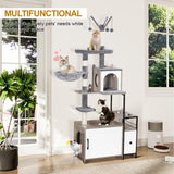 Snughome Cat Tree with Litter Box Enclosure, 3-in-1 Modern Cat Tower for Indoor Cats, 67.32’’ Hidden Cat Litter Box Furniture with Cat Condo, Food Station and Hammocks, All-in-one Cat Furniture Snughome