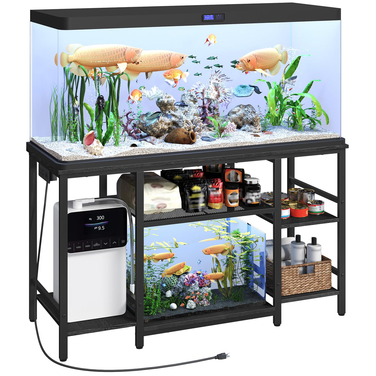 MAHANCRIS 55-75 Gallon Fish Tank Stand with Power Outlet, 3-Tier Metal Frame Aquarium Stand, Heavy Duty Reptile Terrarium Tank Stand, 52.0" L x 19.7" W x 29.9" H, 800 LBS Capacity, Black FTBK55E01 MAHANCRIS