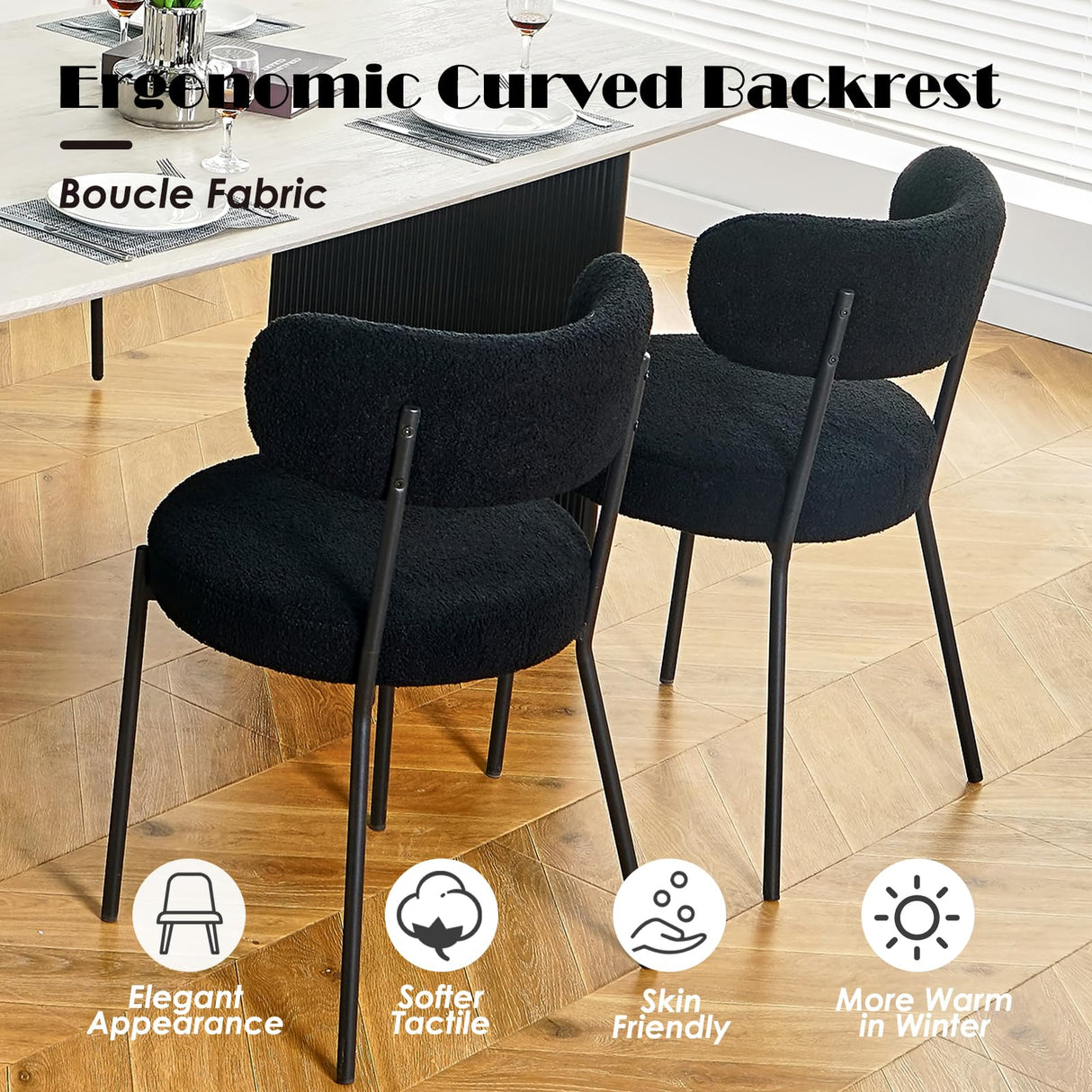 RGZ Modern Oval Dining Table Set for 6, 7 Piece Dining Table and Chairs Set with Black Kitchen Table & 6 Black Upholstered Boucle Chairs, Dining Table for Dining Room, Kitchen, Living Room RGZ