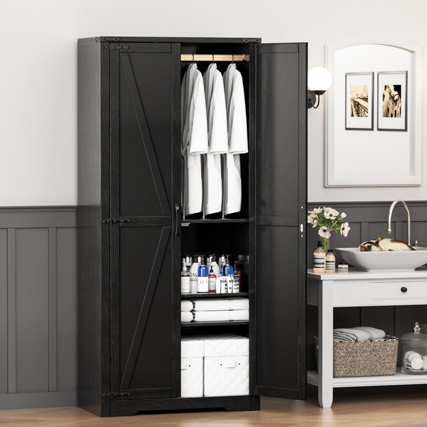 INTERGREAT 72”Tall Storage Cabinet, Wood Wardrobe Closet with 2 Barn Doors and Adjustable Shelves, Large Pantry Cabinet for Bedroom, Bathroom, Kitchen,Black - WoodArtSupply