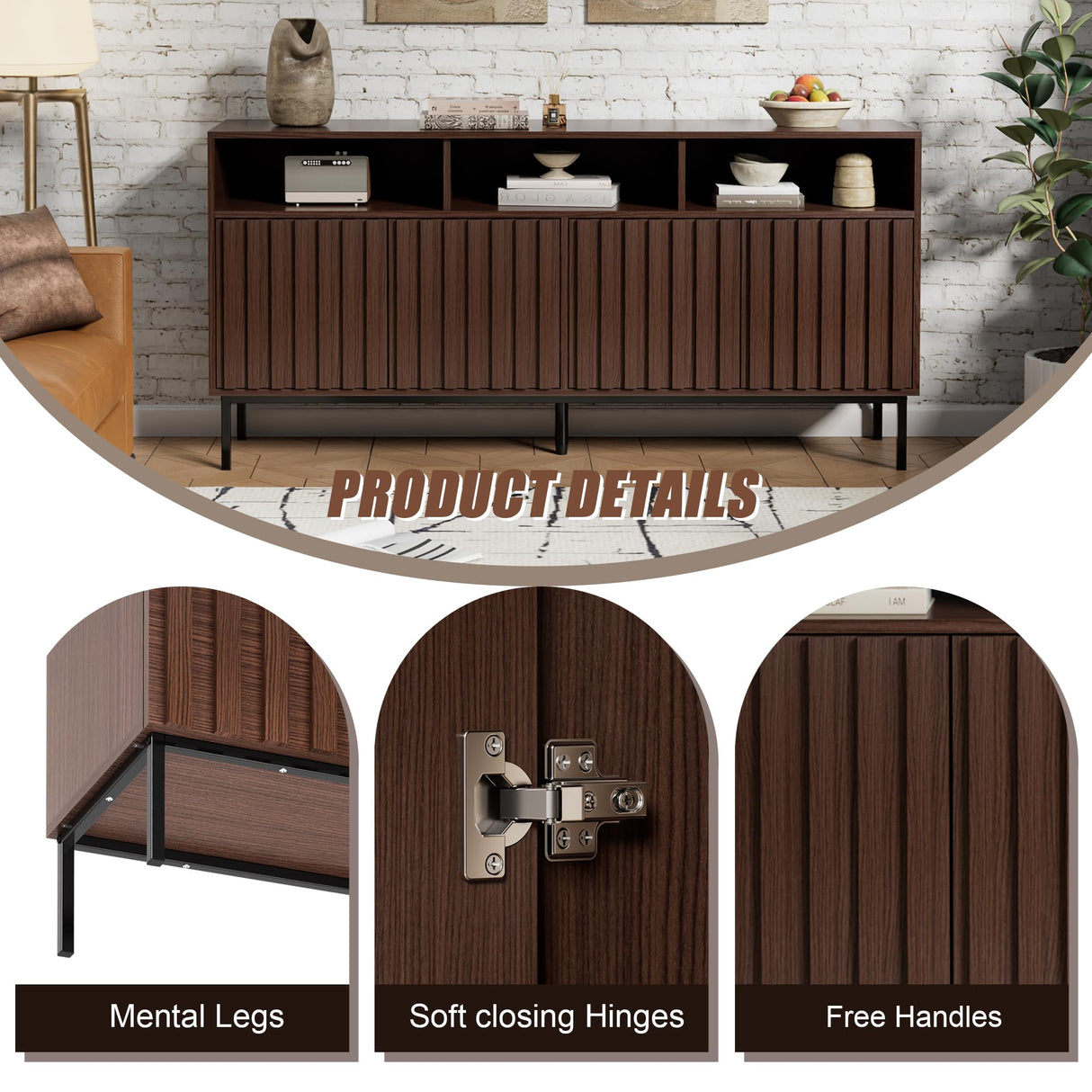 UEV Mid Century Modern Sideboard Buffet Cabinet with Storage, 61.4'' Fluted Sideboard Cabinet,Wood Buffet Cabinet with Metal Legs,Accent Credenza Storage Cabinet with 4 Doors and Spacious Top(Walnut) UEV