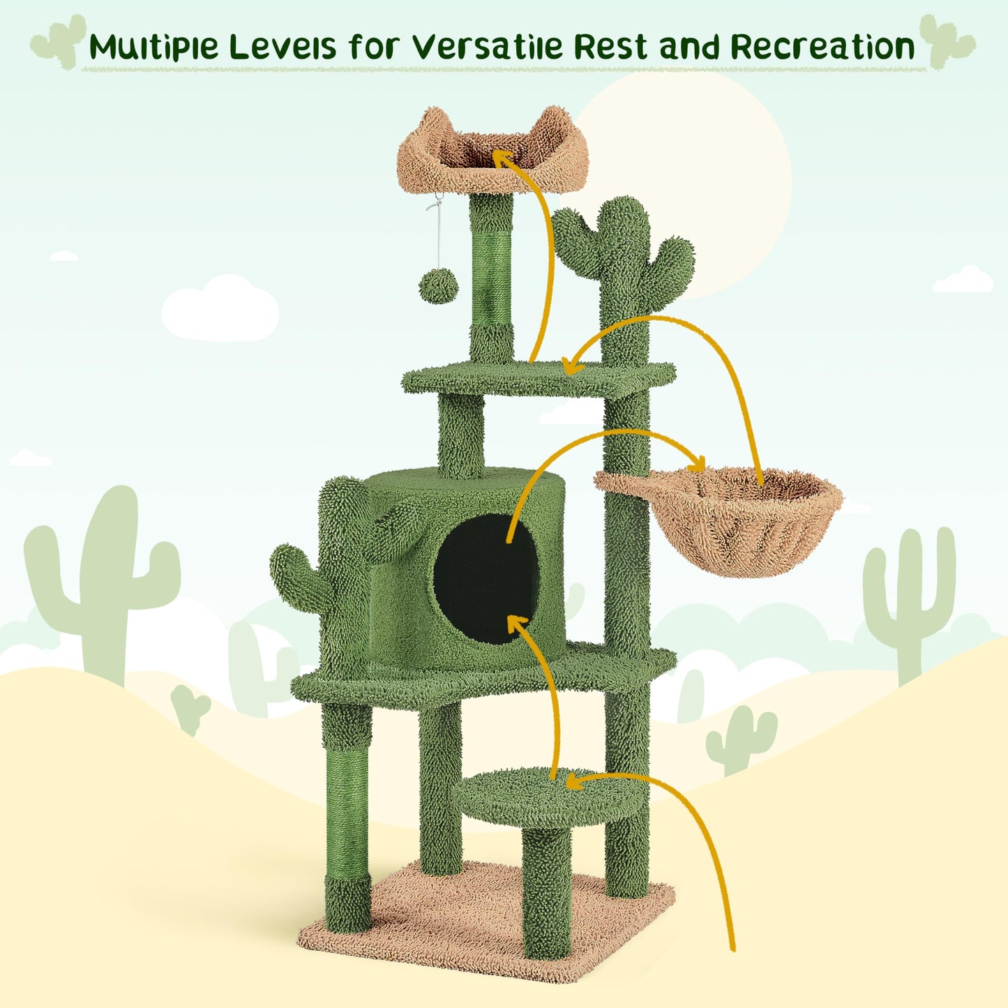 Yaheetech Cactus Cat Tree, 53.5in Cat Tower for Indoor Cats with Sisal Covered Scratching Post, Condo, Plush Perches and Fluffy Balls, Multi-Level Cat Climbing Tree Play House Activity Center, Green