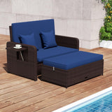 Nightcore Wicker Patio Outdoor Daybed, Outdoor Chaise Lounger w/ 4-Level Adjustable Backrest, Retractable Side Trays, Storage Ottoman, Comfortable & Removable Cushions, Rattan Loveseat (Navy) Generic