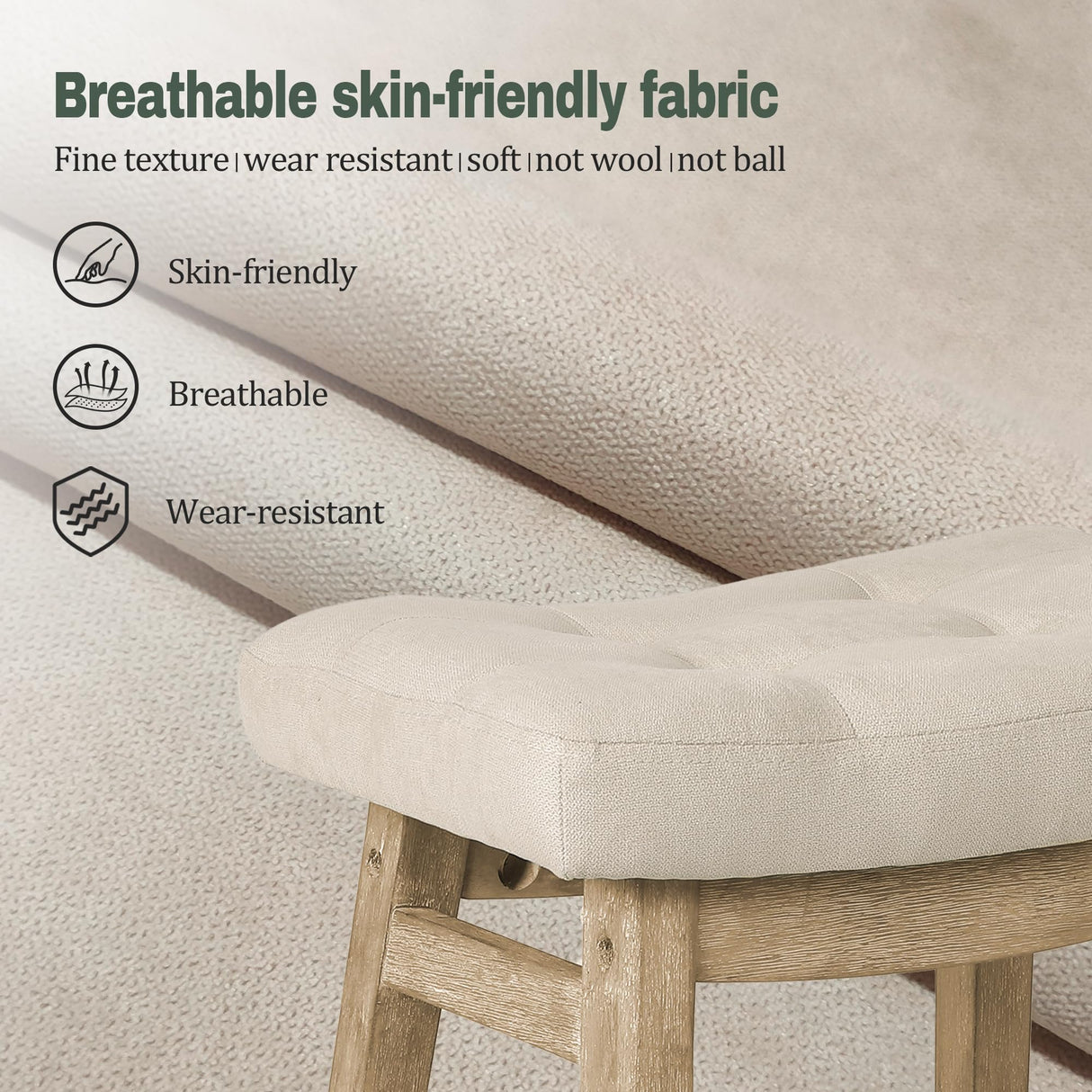 RNKSFX Counter Height Bar Stools Set of 3 for Kitchen Counter Farmhouse Modern Barstools with Upholstered Fabric Backless Seat and Solid Wood Legs 24 inch Bar Chairs, Khaki + Wood Color RNKSFX