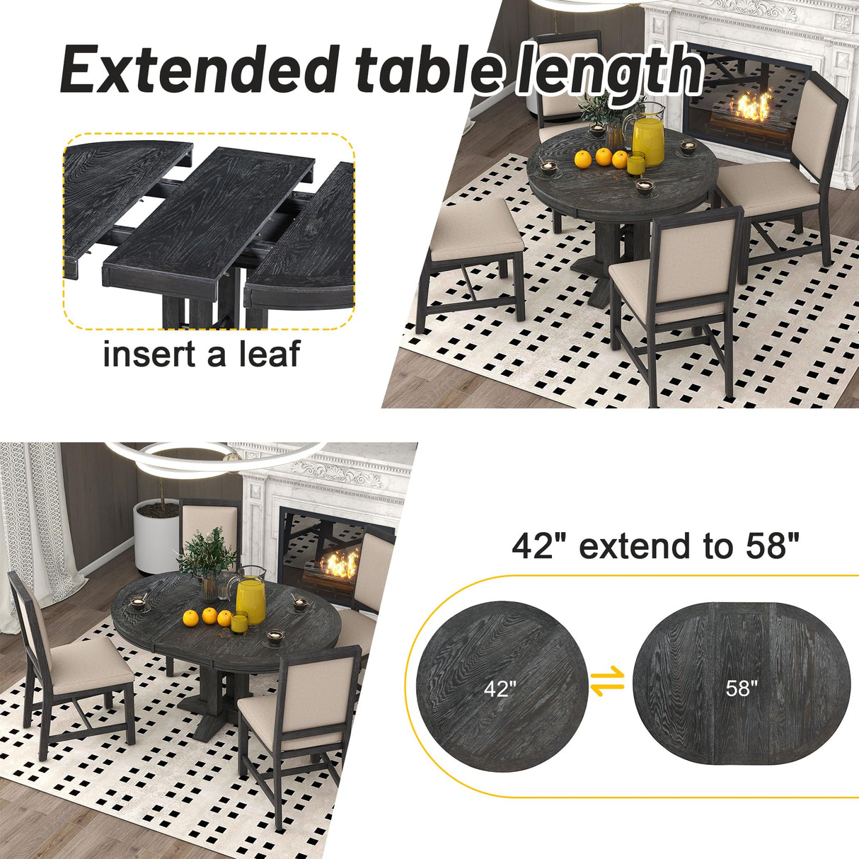 LUMISOL Dining Table for 6, Solid Wood Round Dining Table, Extendable Dining Table with 2 Removable Leafs for Kitchen, Dining Room, Living Room, Black, 42"-56" L x 42" W x 30" H LUMISOL
