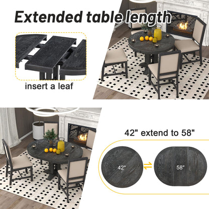 LUMISOL Dining Table for 6, Solid Wood Round Dining Table, Extendable Dining Table with 2 Removable Leafs for Kitchen, Dining Room, Living Room, Black, 42"-56" L x 42" W x 30" H