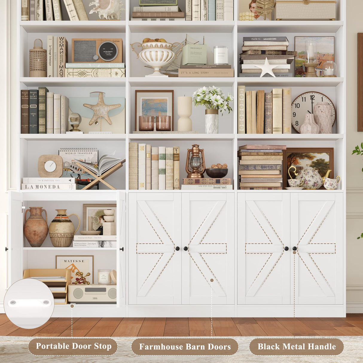 FACBOTALL 75" Triple Wide Bookshelf, White Bookshelf and Bookcase with 6 Farmhouse Doors, 71" Wide 6 Tier Book Shelf with 18 Storage Shelves, Large Wooden Bookshelves, Tall Bookcase for Office, White FACBOTALL