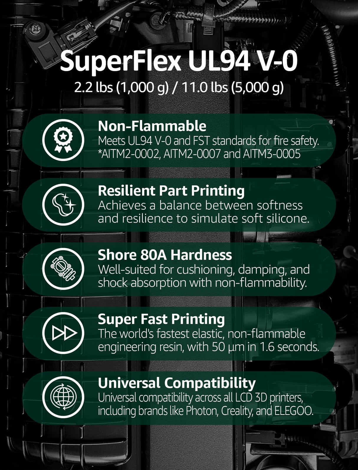 Superflex UL94 V-0, 3D Printer Resin, Flame-Retardant Parts Simulating Flexible Rubber 80A, Made in Korea by 3DMaterials (5000g, Black) 3DMaterials