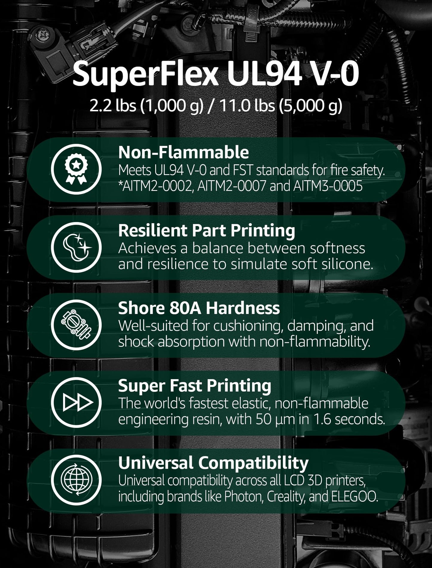 Superflex UL94 V-0, 3D Printer Resin, Flame-Retardant Parts Simulating Flexible Rubber 80A, Made in Korea by 3DMaterials (5000g, Black)