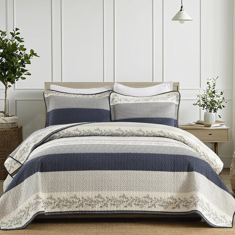 SOElinens Striped Quilt Queen Size - Navy White Quilt Set with Matching Shams, Vintage Vine Design Farmhouse Bedding Bedspread, 3 Pieces 100% Cotton Lightweight Coverlet Home Decor for All Season SOElinens