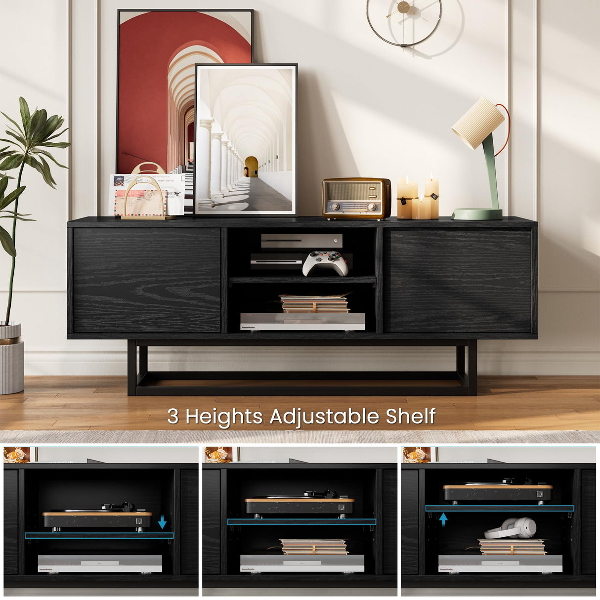 HAIOOU TV Stand for 50 55 Inch TV, Modern TV Console Small Entertainment Center with Sturdy Metal Base, Push-to-Open Doors and Soft-Close Hinges for Living Room, Bedroom - Wood Grain Black HAIOOU