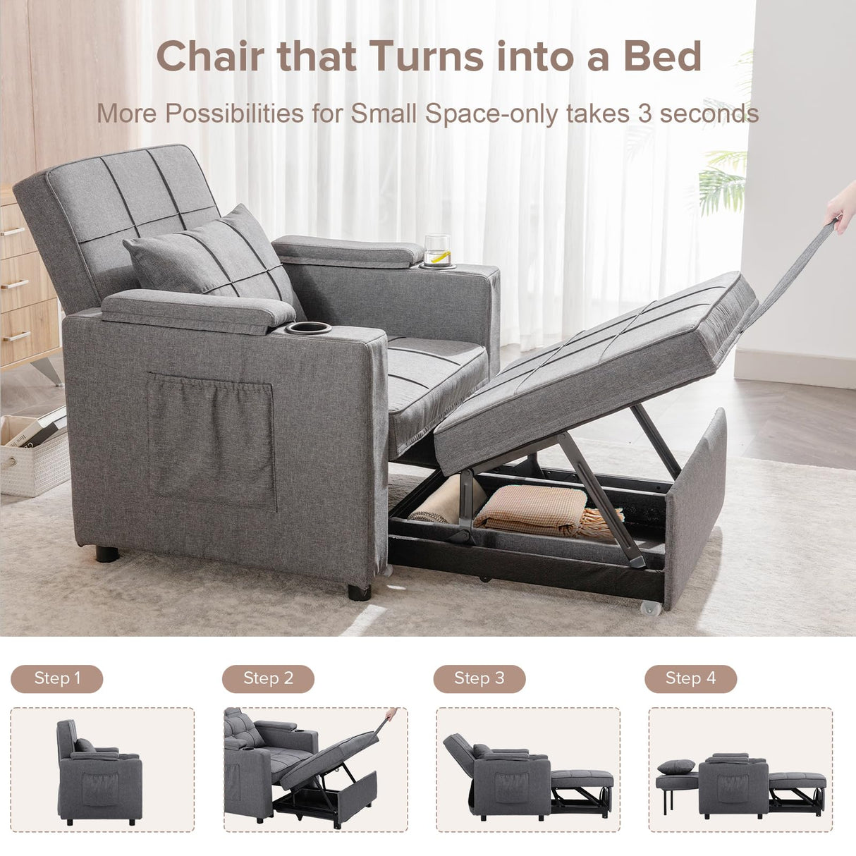 COMHOMA Sleeper Chair Bed, Convertible Sofa Bed Armchair with Cup Holders, 3-in-1 Futon Bed Chair with Side Pocket Pull Out Sofa Bed Couch for Living Room, Bedroom (Grey) COMHOMA