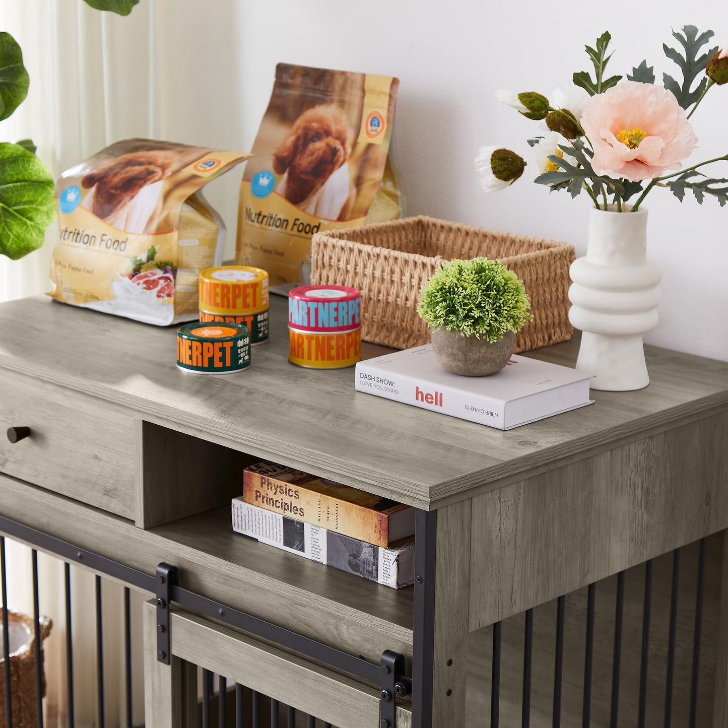 35.4 Inch Furniture Style Dog Crate with Sliding Barn Door and Storage Drawers, Wooden Dog Cage Furniture End Side Table, Chew-Resistant, Grey, 35.4" W x 23.6" D x 33.5" H