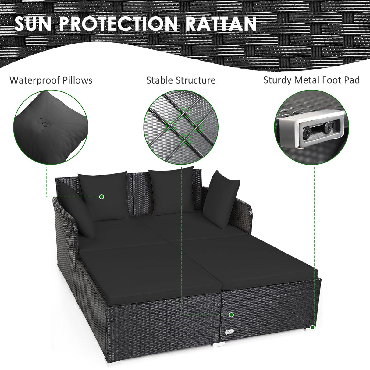 Tangkula Outdoor Rattan Daybed, Wicker Furniture with Spacious Seat, Upholstered Cushion & High-Resilience Sponge, Patio Sofa Set with 4 Pillows, 2-Person Sunbed for Poolside Backyard Garden & Balcony Tangkula