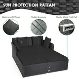 Tangkula Outdoor Rattan Daybed, Wicker Furniture with Spacious Seat, Upholstered Cushion & High-Resilience Sponge, Patio Sofa Set with 4 Pillows, 2-Person Sunbed for Poolside Backyard Garden & Balcony Tangkula