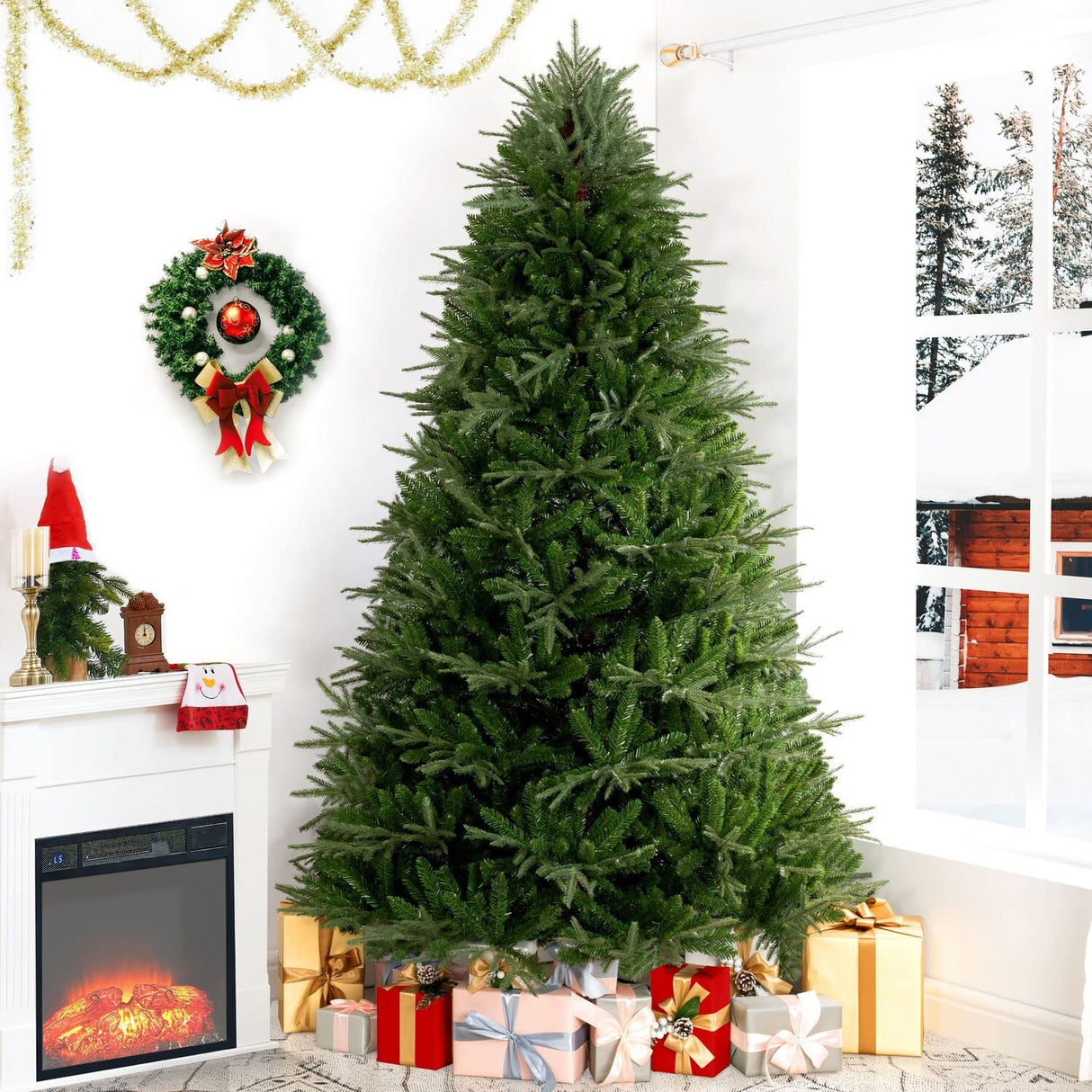 Camden 7.5ft Prelit Artificial Christmas Tree with Foot Pedal, 2755 Branch Tips, 600 Warm Lights and Metal Stand, 58" Wide Realistic Hinged Christmas Tree with Lights by Naomi Home Naomi Home