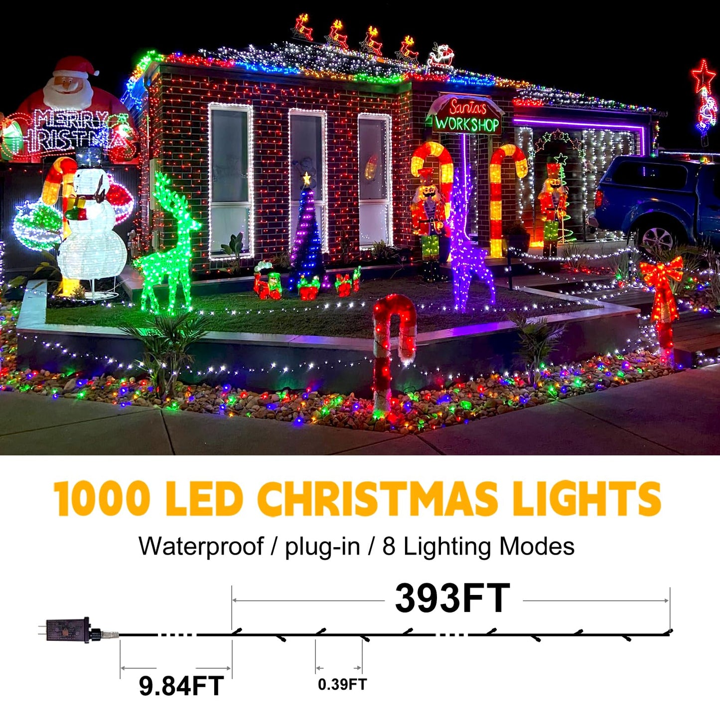 FLVOECN 393Ft 1000LED Christmas Lights Outdoor Decorations 8 Modes & Memory Timer Christmas Lights with Plug in Waterproof Fairy String Lights for Xmas Wedding Party Holiday Decor