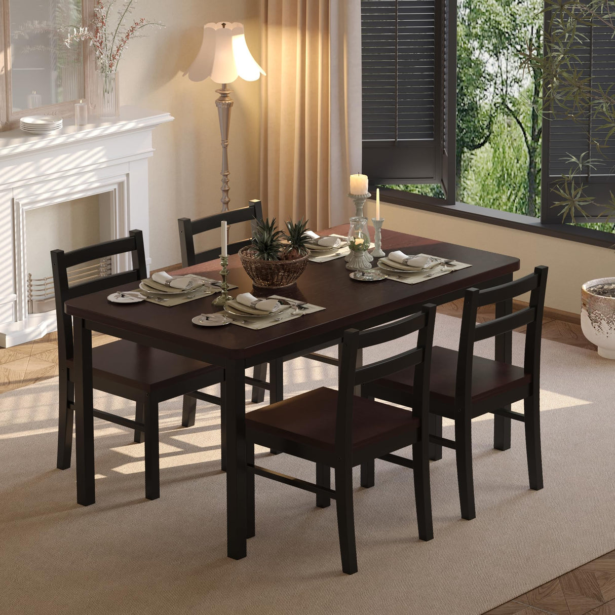 Orweiin Solid Wood Dining Table Set for 4, Farmhouse Rectangular Table and 4 Chairs Set for Kitchen, Living Room, Dining Room, Breakfast Nook, Brown+Black Orweiin