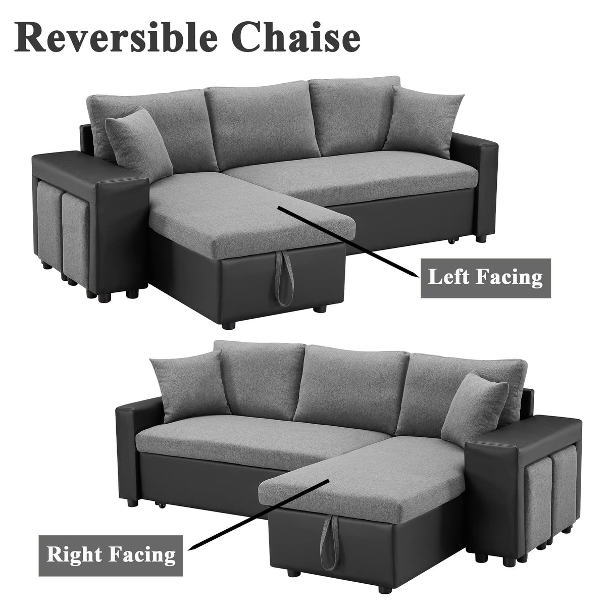 ARCLIS 92.5" Sleeper Sofa Bed, Convertible 3-Seater L-Shape Couch Bed with Storage Chaise 2 Stools Pull Out Sofa Bed, Corner Sectional Sleeper Couch for Living Room Apartment (Gray) ARCLIS