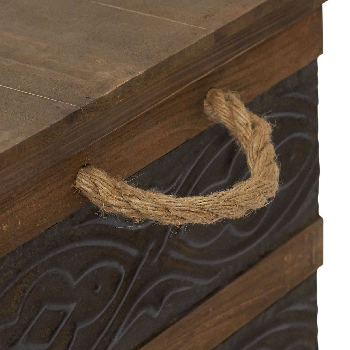 Household Essentials Decorative Trunk, Embossed Metal, Large, Chinese Fir Wood, Darkened Interior, Rope Handles, Flat and Fully Opening Lid, Handmade, Walnut and Almond Stain Household Essentials