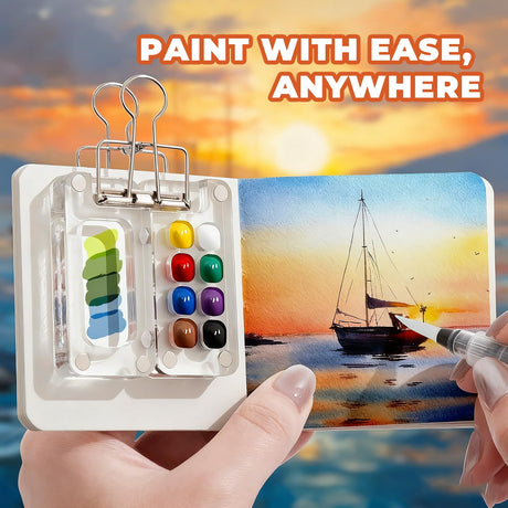 MUZMDNI Mini Watercolor Paint Set Portable, Travel Grid Paint Palette Box with Binder Clips Include 12 Colors Paint, Brush*3 and Picture Album Art Materials Coloring Markers (Brown Wood, S-8 Grids) MUZMDNI