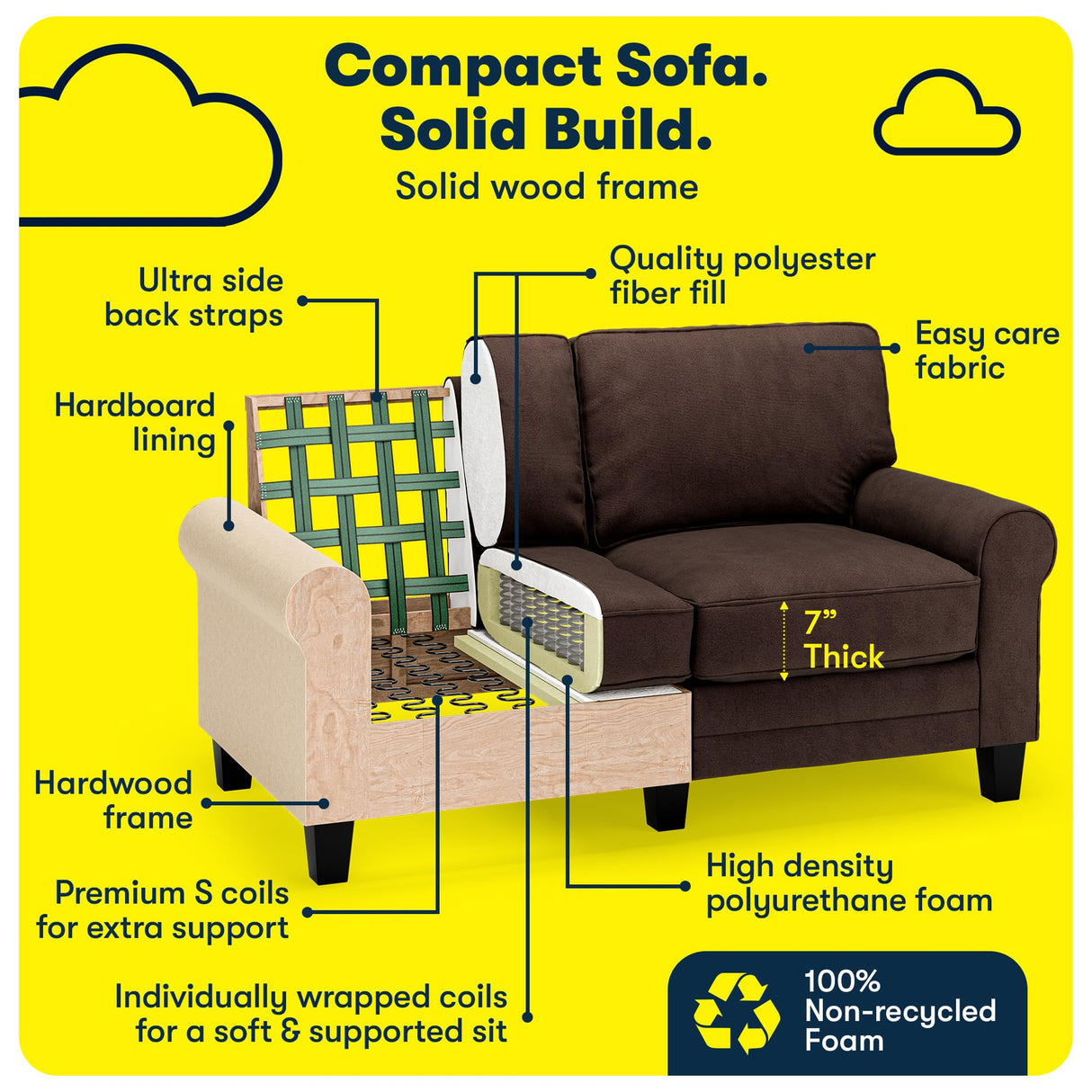 Serta Copenhagen Rolled Arm Sofa, Easy Care Polyester, Soft Pillow Back, Pocket Coil Seat Cushions, Removable Covers, Couch for Small Spaces, Living Rooms or Bedrooms, 61" Loveseat, Brown Serta