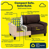 Serta Copenhagen Rolled Arm Sofa, Easy Care Polyester, Soft Pillow Back, Pocket Coil Seat Cushions, Removable Covers, Couch for Small Spaces, Living Rooms or Bedrooms, 61" Loveseat, Brown Serta