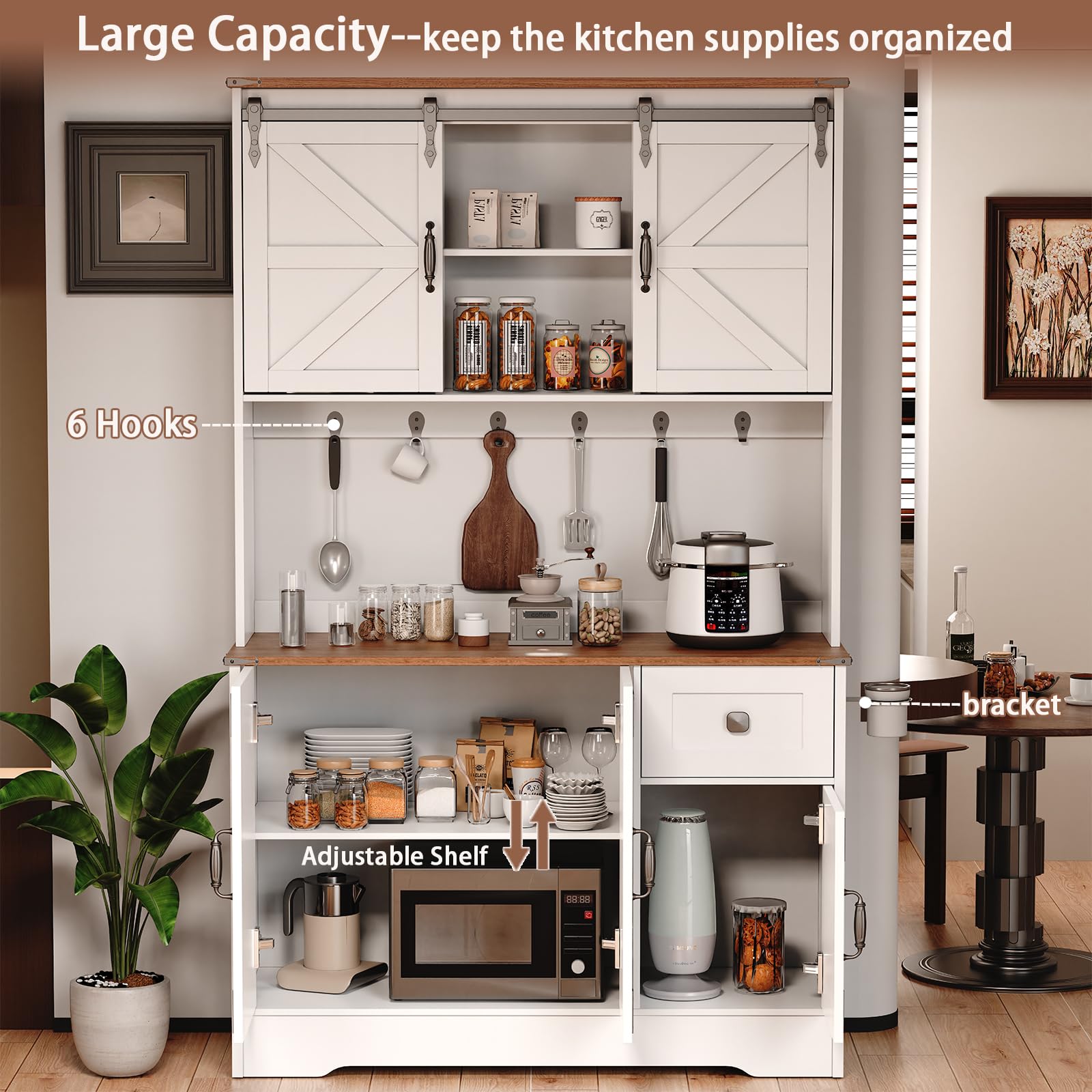 71" Pantry Cabinet, Kitchen Hutch Cabinet with Microwave Stand & Charging Station, Farmhouse Tall Storage Cabinet with Countertop, Floor Cupboard Cabinet, Bar Cabinet with Drawer and Doors, W - WoodArtSupply