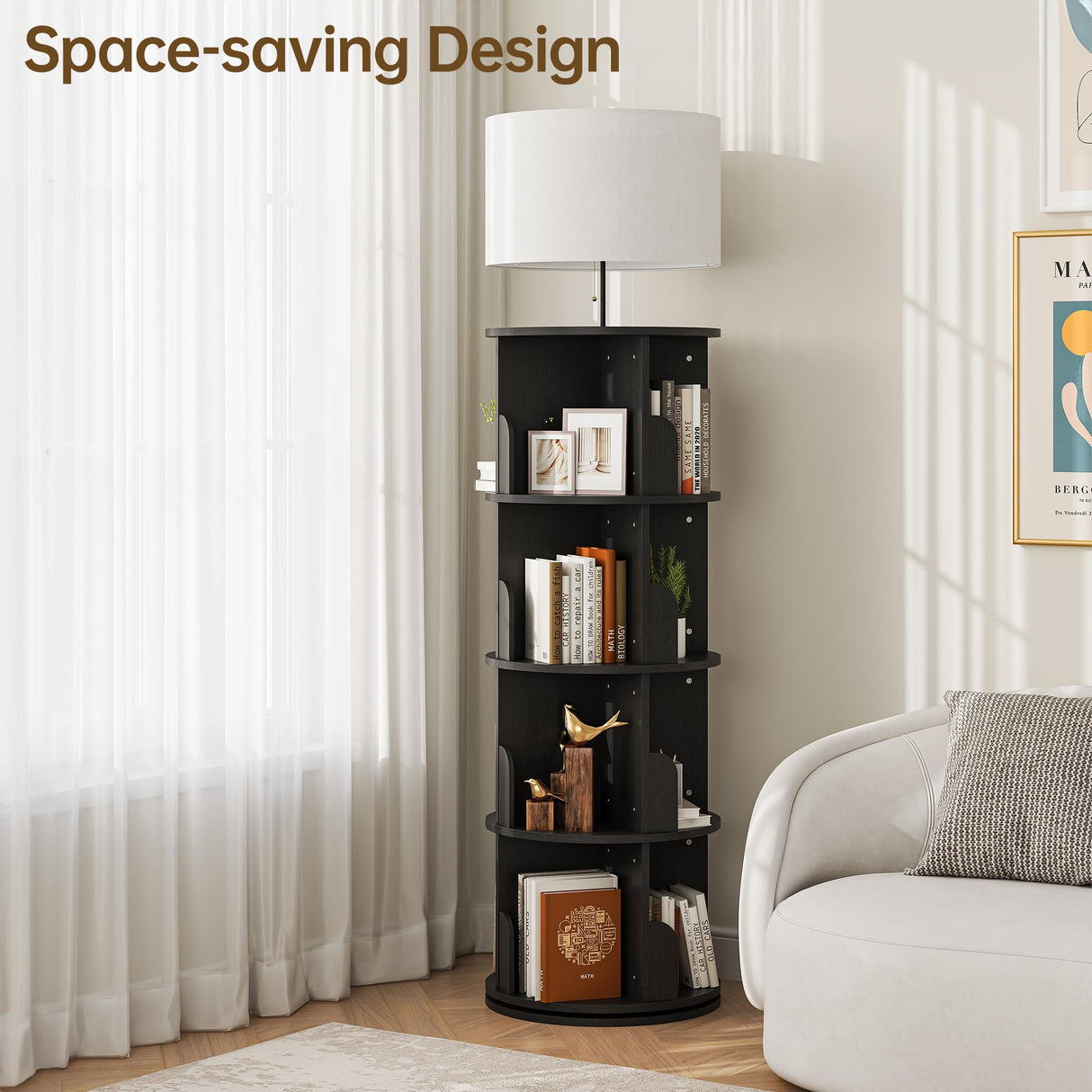 iabifo Rotating 4-Tier Bookshelf with Adjustable Light, 360° Spinning Bookcase Tower, Tall Floor Standing Book Shelf for Bedroom, Living Room, Office, Black iabifo