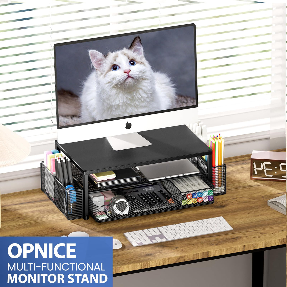 OPNICE Desk Organizer and Accessories, 2-Tier Computer Monitor Stand with Drawer and 2 Pen Holders, Office Desk Accessories for Office Supplies, Black OPNICE