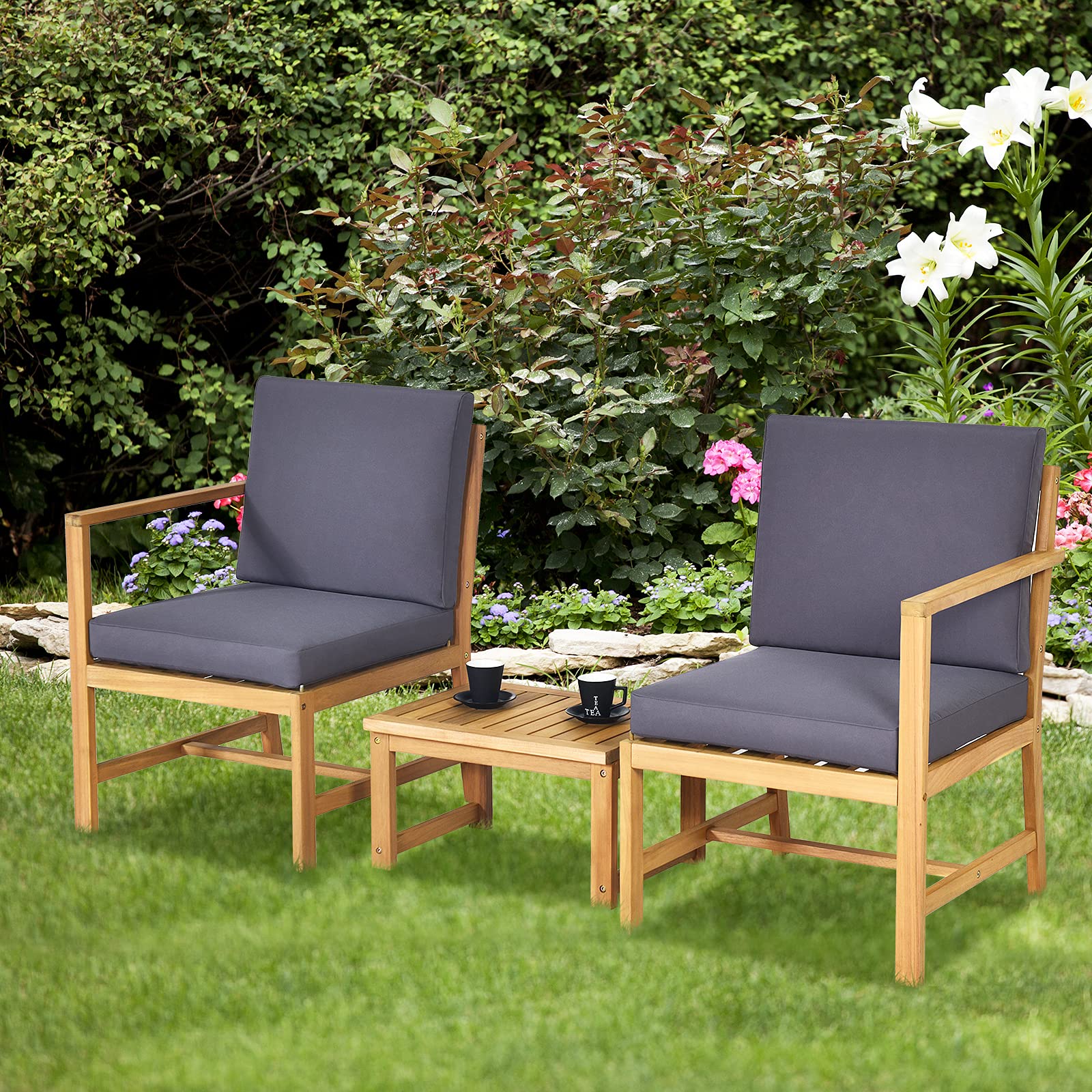 DORTALA Acacia Wood Patio Set, 3-Piece Wooden Love Seat with Cushions &Table, 2-Seater Outdoor Furniture Set, Patio Conversation Set for Garden Backyard Balcony Patio Poolside - WoodArtSupply